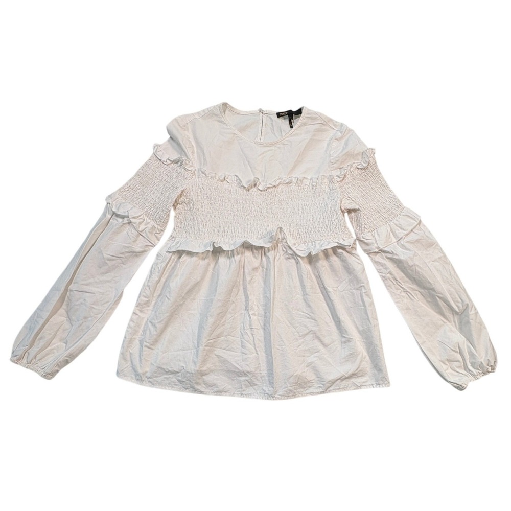 Maje White Smocked Ruffle Cotton Blouse H17LEBA BLANC Long Sleeve Top Size 1